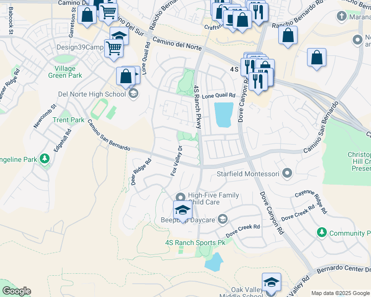 map of restaurants, bars, coffee shops, grocery stores, and more near 9916 Fox Meadow Road in San Diego