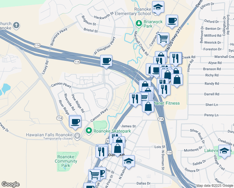 map of restaurants, bars, coffee shops, grocery stores, and more near 1000 Cannon Parkway in Roanoke