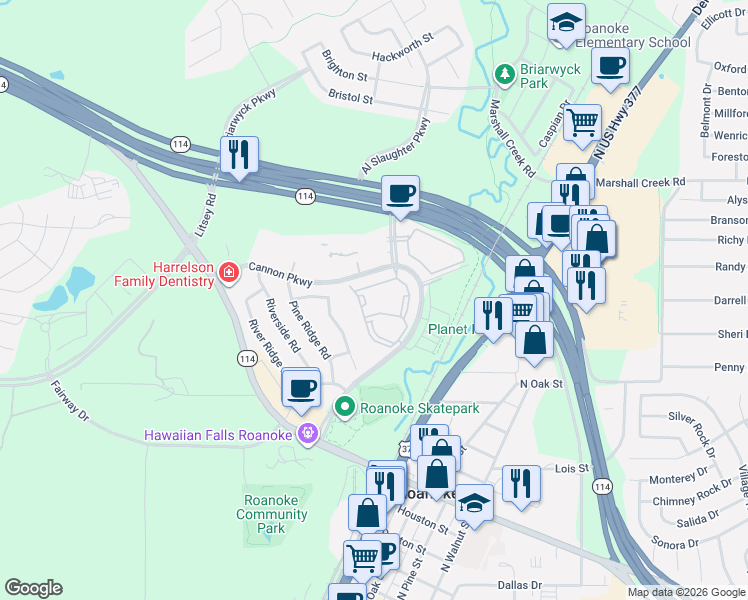 map of restaurants, bars, coffee shops, grocery stores, and more near 1515 Cannon Parkway in Roanoke
