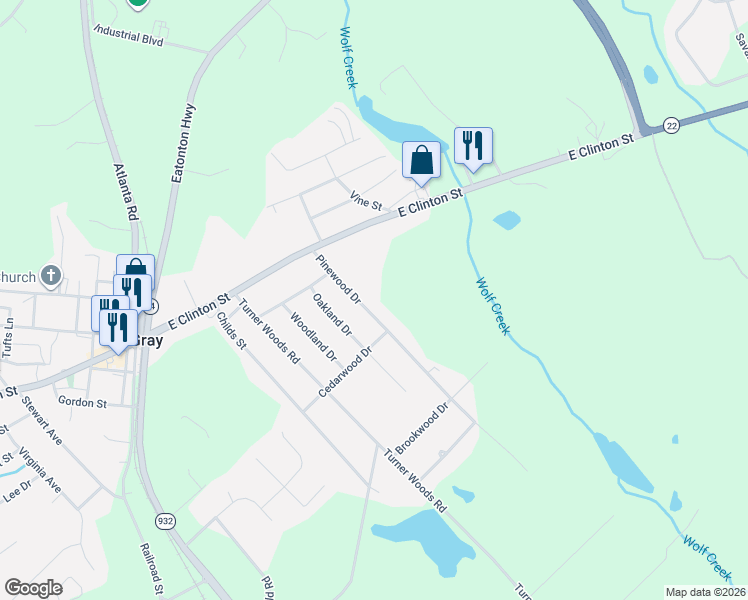 map of restaurants, bars, coffee shops, grocery stores, and more near 142 Pinewood Drive in Gray