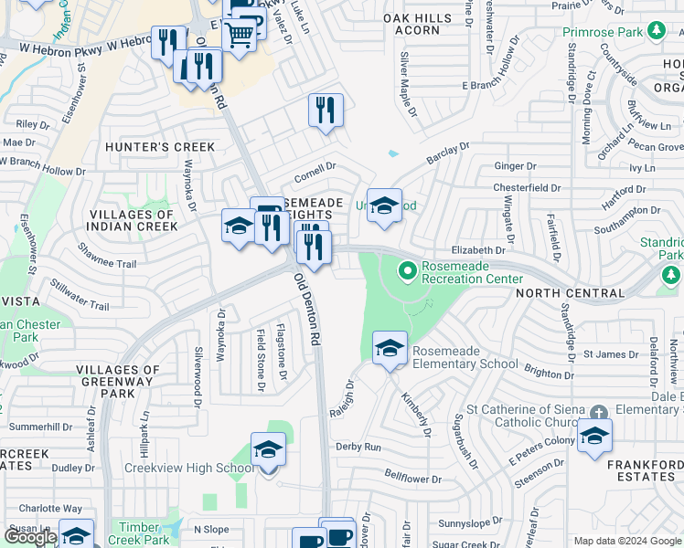 map of restaurants, bars, coffee shops, grocery stores, and more near 1012 Foxglove Drive in Carrollton