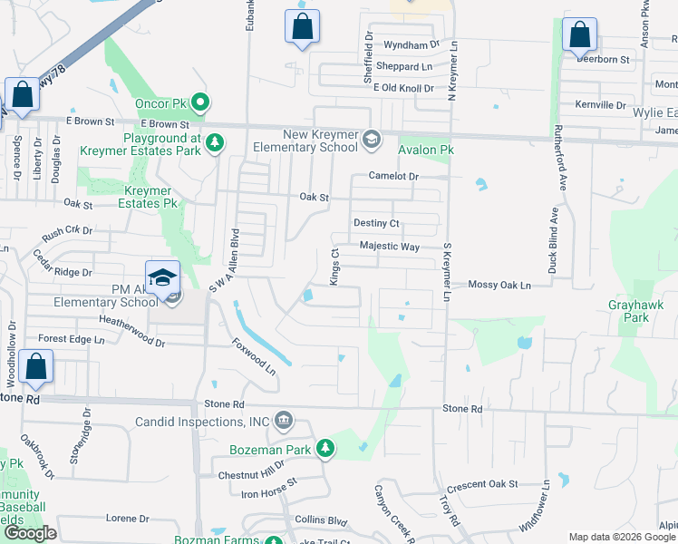 map of restaurants, bars, coffee shops, grocery stores, and more near 1101 Nighthawk Drive in Wylie