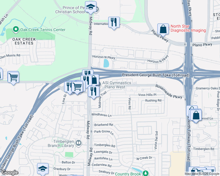 map of restaurants, bars, coffee shops, grocery stores, and more near 4115 Voss Hills Place in Dallas