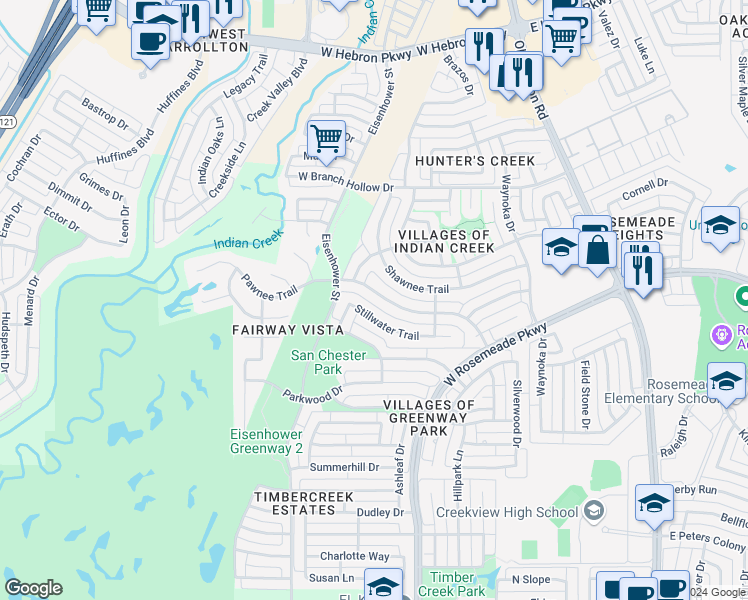 map of restaurants, bars, coffee shops, grocery stores, and more near 1229 Stillwater Trail in Carrollton