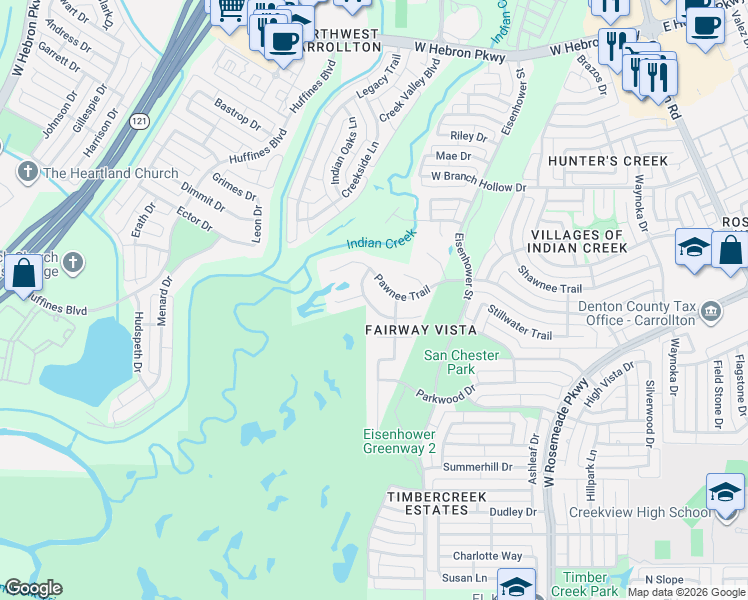 map of restaurants, bars, coffee shops, grocery stores, and more near 1400 Indian Lake Trail in Carrollton
