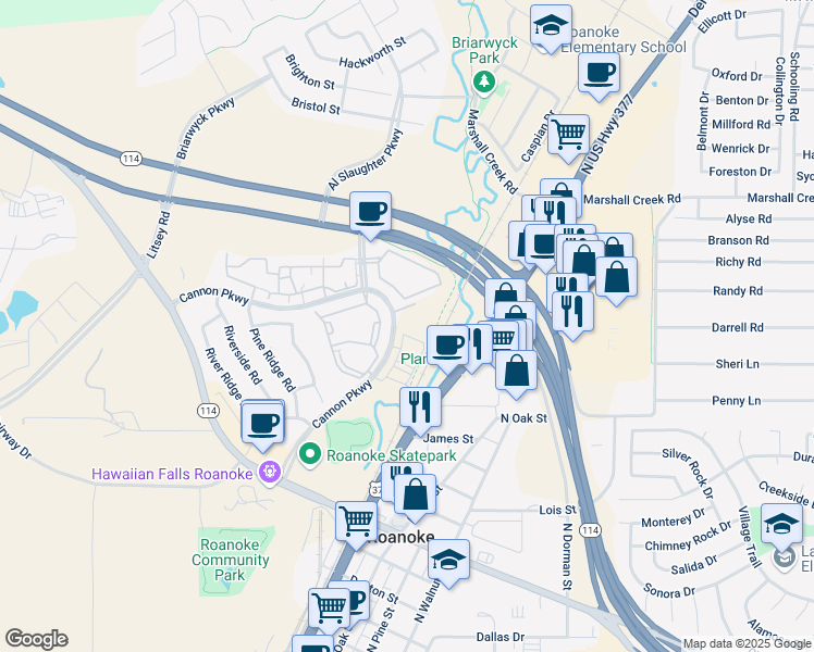 map of restaurants, bars, coffee shops, grocery stores, and more near 1000 Cannon Parkway in Roanoke