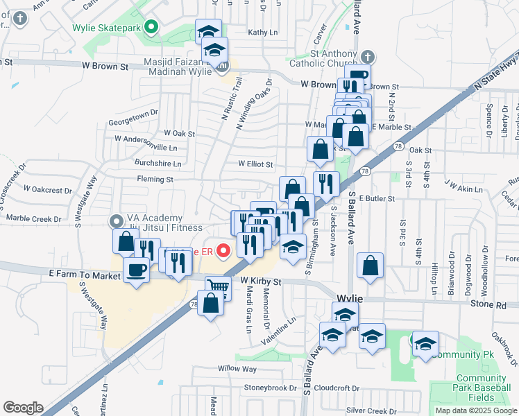 map of restaurants, bars, coffee shops, grocery stores, and more near 401 Fleming Street in Wylie