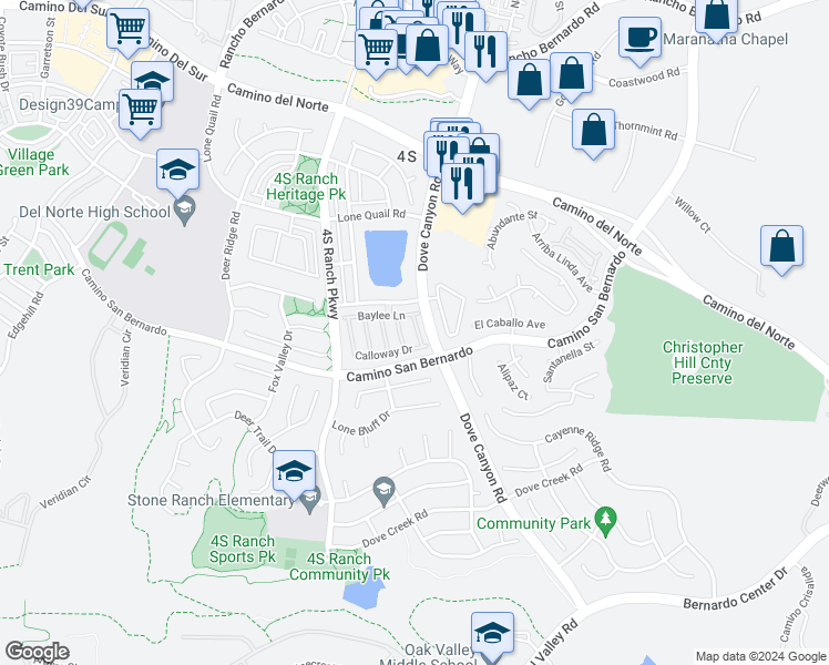 map of restaurants, bars, coffee shops, grocery stores, and more near 16440 Sunstone Drive in San Diego