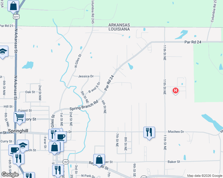 map of restaurants, bars, coffee shops, grocery stores, and more near 437 Spring Branch Road in Springhill