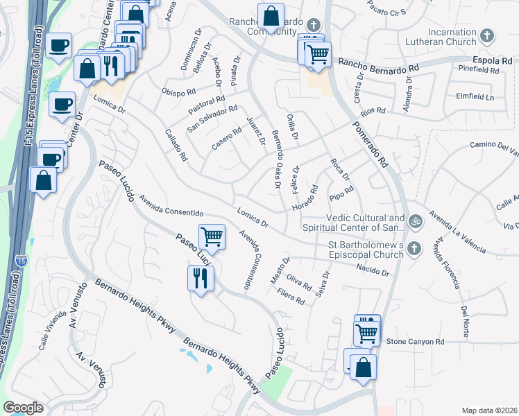 map of restaurants, bars, coffee shops, grocery stores, and more near 12249 Horado Road in San Diego