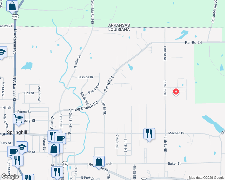 map of restaurants, bars, coffee shops, grocery stores, and more near 437 Spring Branch Road in Springhill