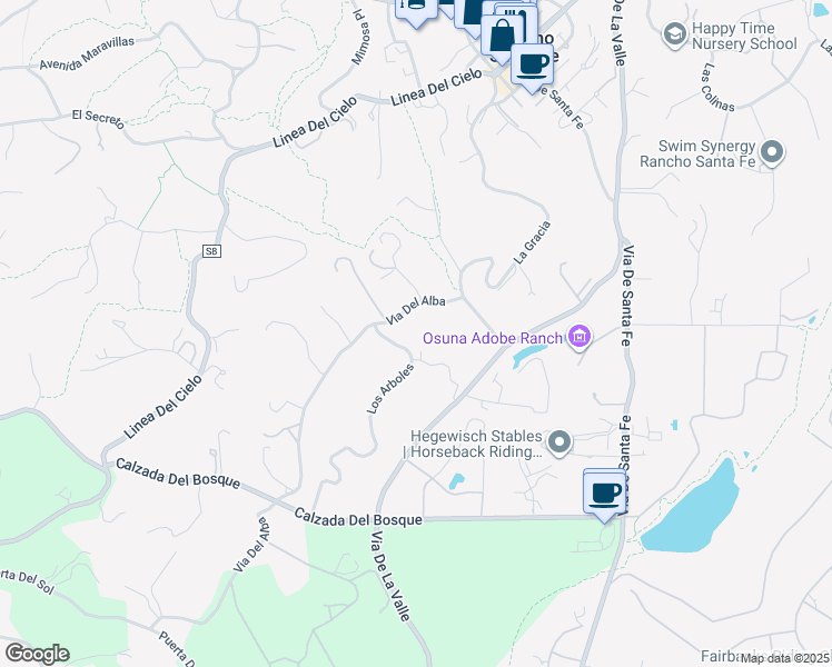 map of restaurants, bars, coffee shops, grocery stores, and more near 16345 Los Arboles in Rancho Santa Fe