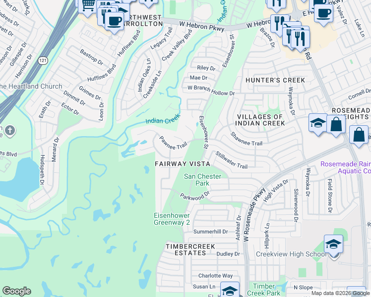 map of restaurants, bars, coffee shops, grocery stores, and more near 1300 Indian Lake Trail in Carrollton