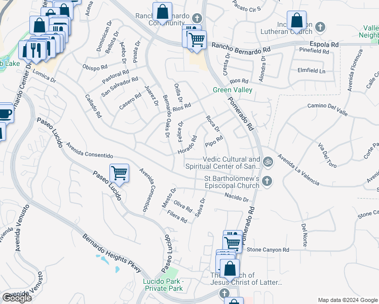 map of restaurants, bars, coffee shops, grocery stores, and more near 12365 Horado Road in San Diego