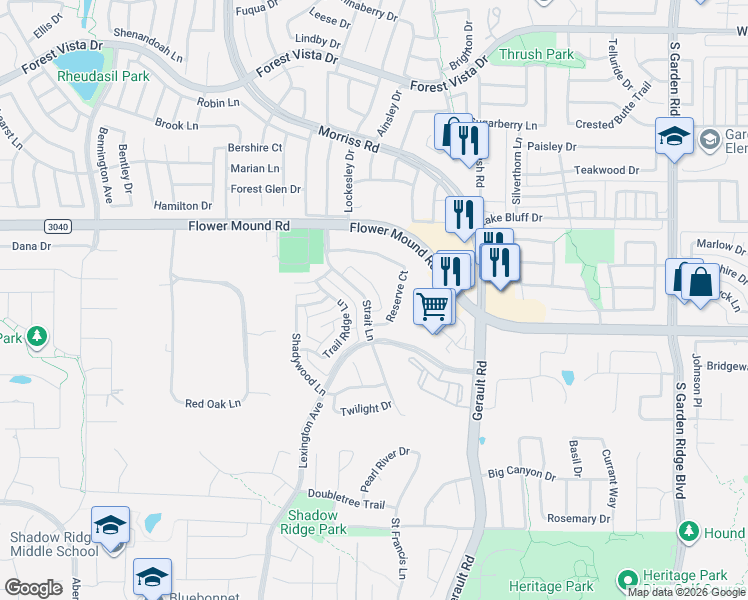 map of restaurants, bars, coffee shops, grocery stores, and more near 1817 Strait Lane in Flower Mound