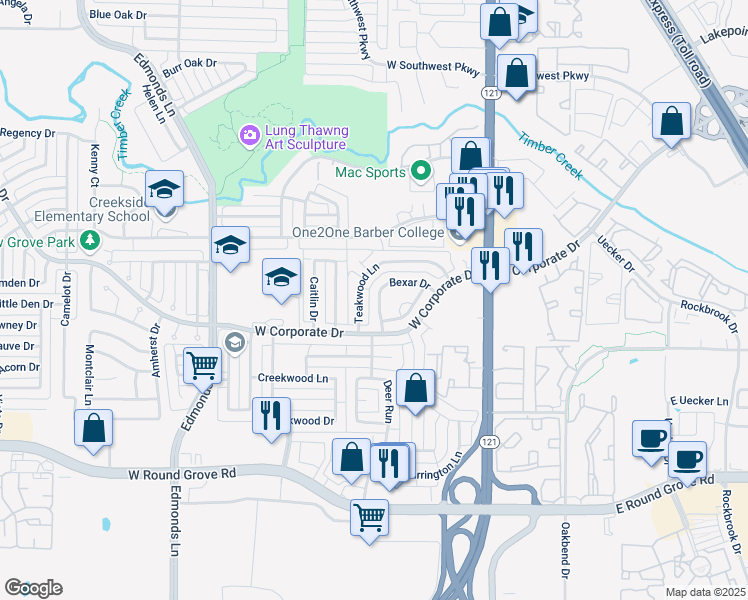 map of restaurants, bars, coffee shops, grocery stores, and more near 2385 San Jacinto Road in Lewisville