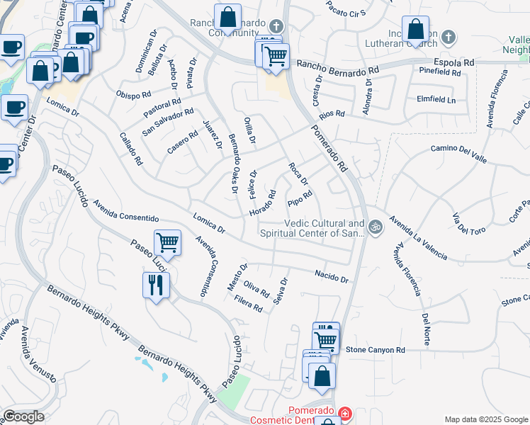 map of restaurants, bars, coffee shops, grocery stores, and more near 12365 Horado Road in San Diego