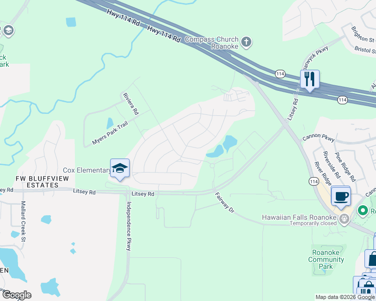 map of restaurants, bars, coffee shops, grocery stores, and more near 909 Fairway Ranch Parkway in Roanoke