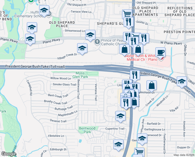 map of restaurants, bars, coffee shops, grocery stores, and more near 5404 Ventana Trail in Dallas