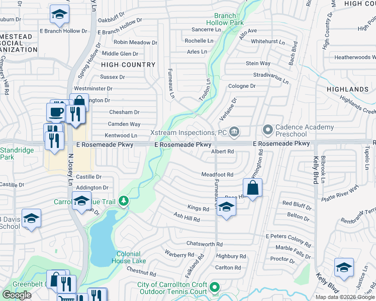 map of restaurants, bars, coffee shops, grocery stores, and more near 2007 Meadfoot Road in Carrollton