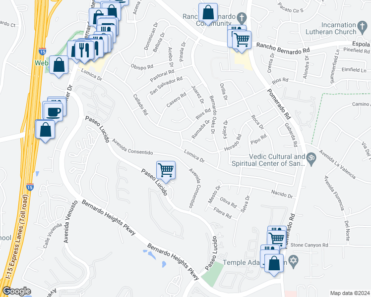 map of restaurants, bars, coffee shops, grocery stores, and more near 12208 Lomica Drive in San Diego