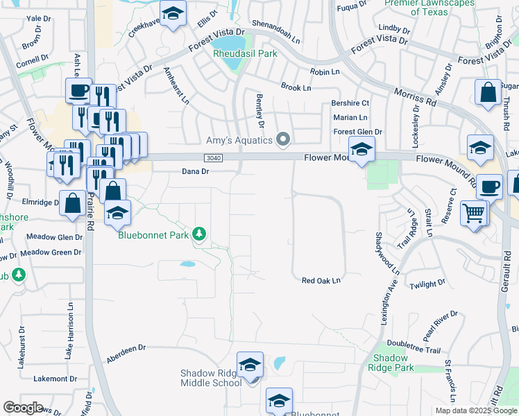 map of restaurants, bars, coffee shops, grocery stores, and more near 2105 Bellanca Court in Flower Mound