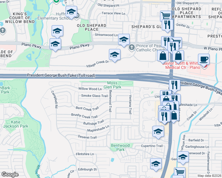 map of restaurants, bars, coffee shops, grocery stores, and more near 5366 Autumn Way in Dallas