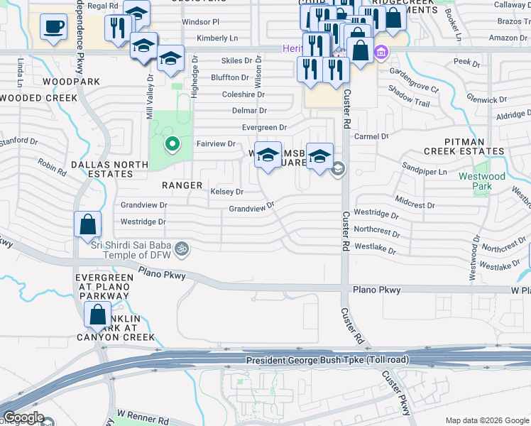 map of restaurants, bars, coffee shops, grocery stores, and more near 2300 Westridge Drive in Plano