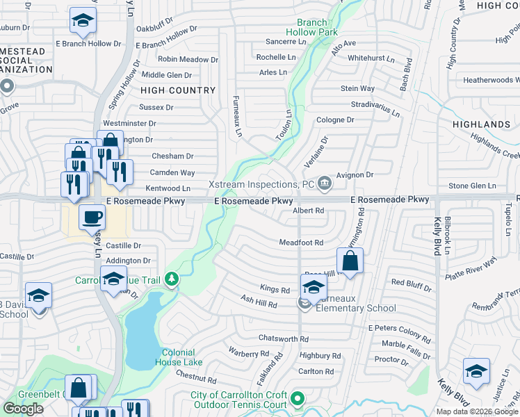 map of restaurants, bars, coffee shops, grocery stores, and more near 2007 Meadfoot Road in Carrollton