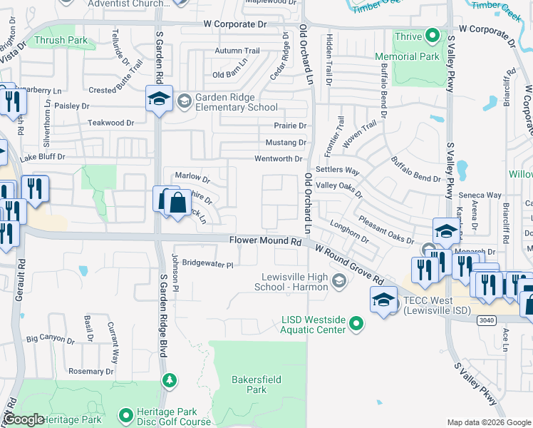 map of restaurants, bars, coffee shops, grocery stores, and more near 1909 Heliconia Drive in Flower Mound