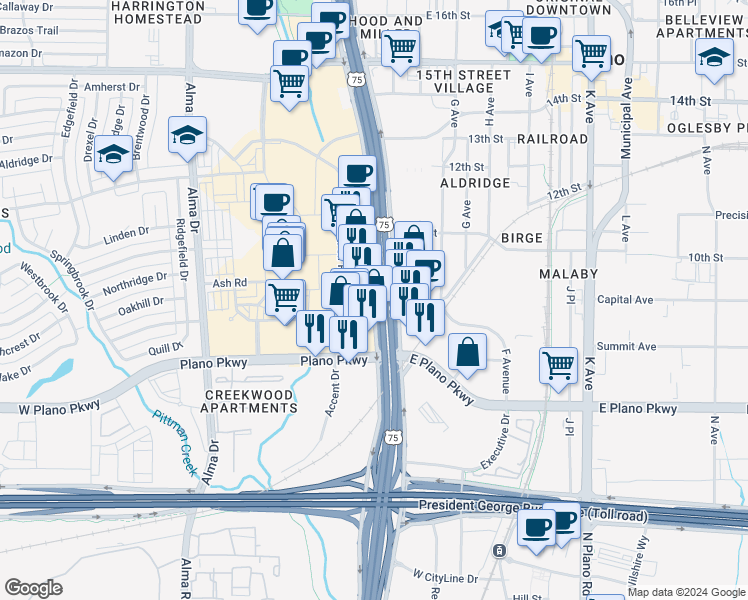 map of restaurants, bars, coffee shops, grocery stores, and more near 741 North Central Expressway in Plano