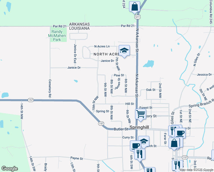 map of restaurants, bars, coffee shops, grocery stores, and more near 702 8th Street Northwest in Springhill