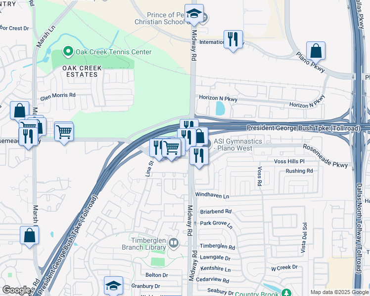 map of restaurants, bars, coffee shops, grocery stores, and more near 3950 Rosemeade Parkway in Dallas