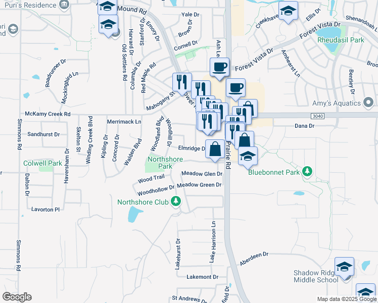 map of restaurants, bars, coffee shops, grocery stores, and more near 2821 Northshore Boulevard in Flower Mound