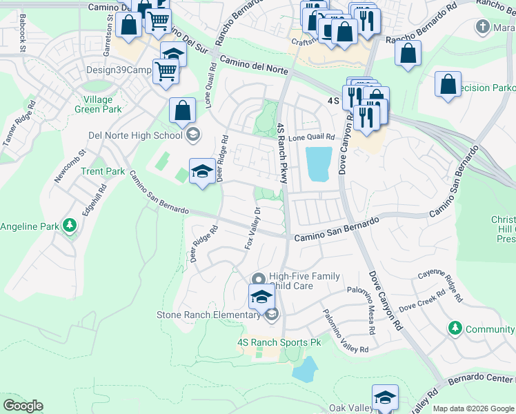 map of restaurants, bars, coffee shops, grocery stores, and more near Fox Valley Drive & Fox Valley Lane in San Diego