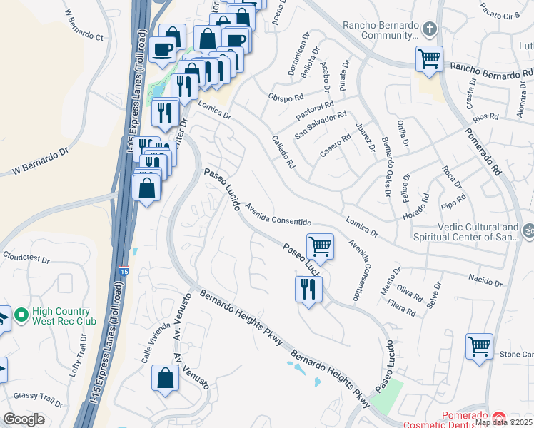 map of restaurants, bars, coffee shops, grocery stores, and more near 11982 Avenida Consentido in San Diego