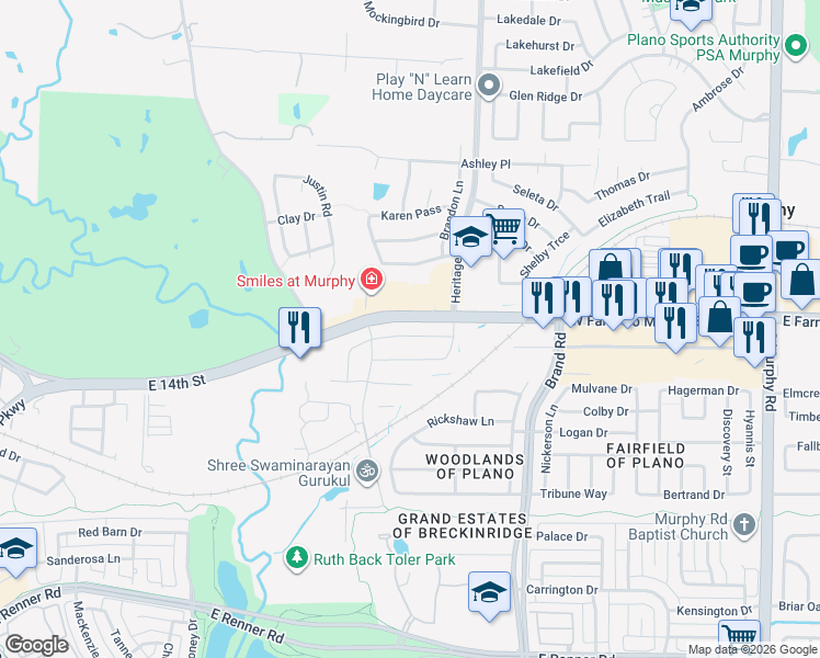 map of restaurants, bars, coffee shops, grocery stores, and more near 5517 Palisades Drive in Plano