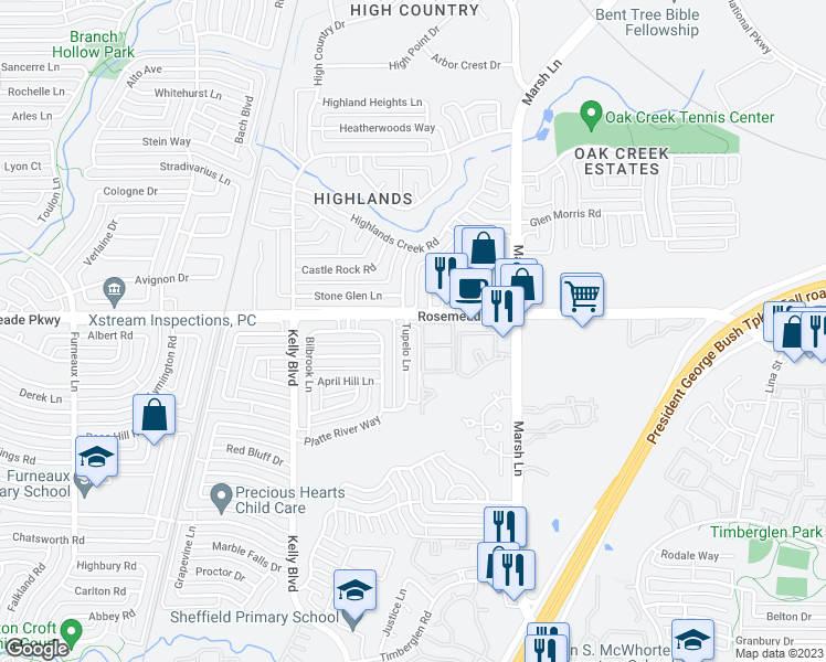 map of restaurants, bars, coffee shops, grocery stores, and more near 18920 Tupelo Lane in Dallas