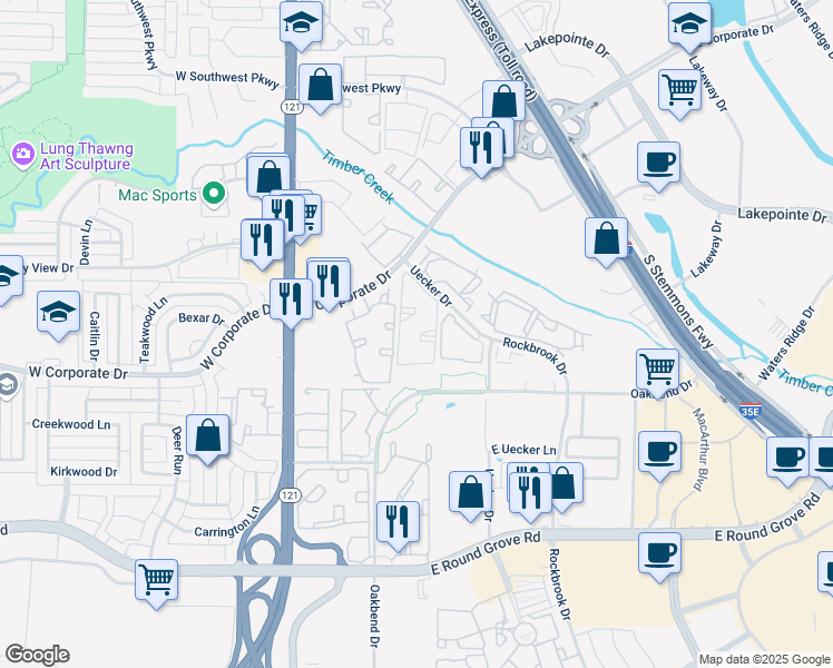 map of restaurants, bars, coffee shops, grocery stores, and more near 2197 South Uecker Lane in Lewisville