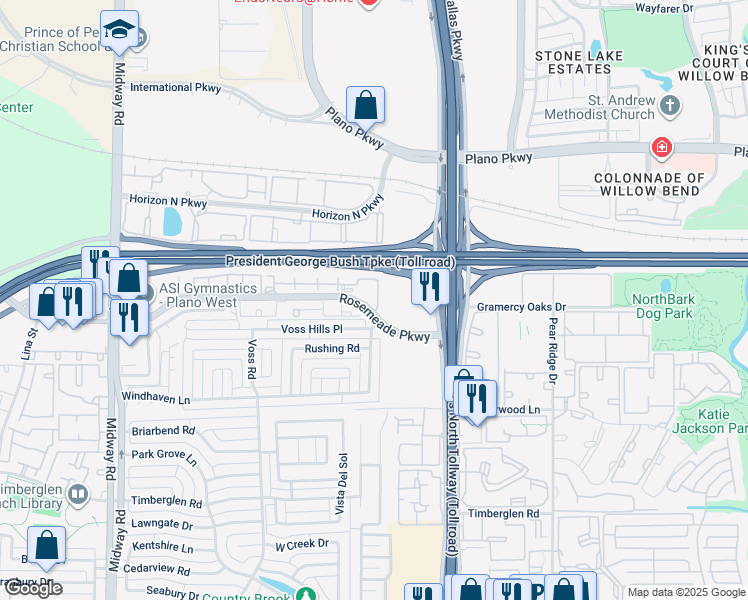 map of restaurants, bars, coffee shops, grocery stores, and more near 4343 Rosemeade Parkway in Dallas