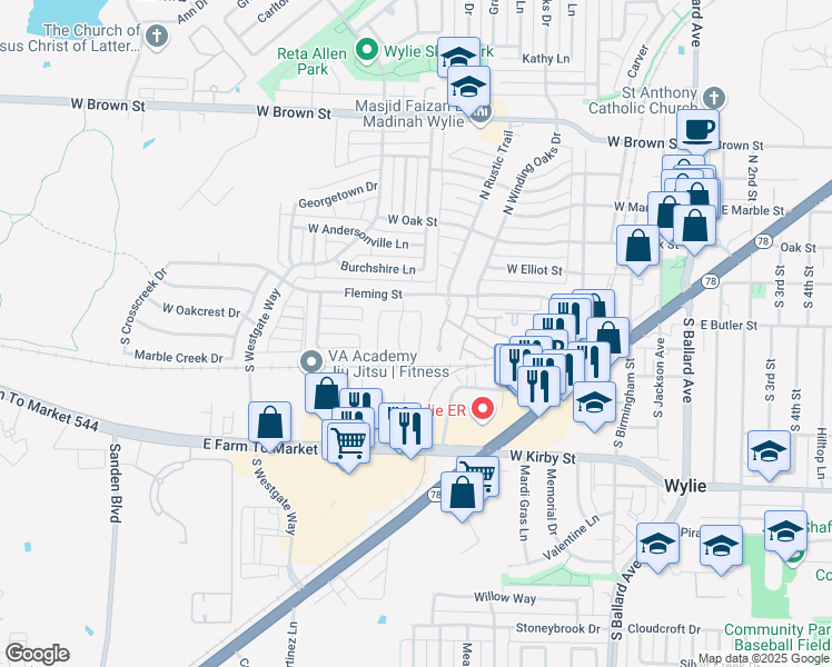 map of restaurants, bars, coffee shops, grocery stores, and more near 319 Austin Avenue in Wylie