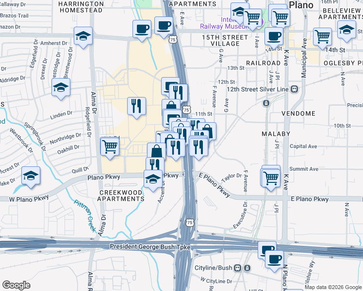 map of restaurants, bars, coffee shops, grocery stores, and more near 821 North Central Expressway in Plano