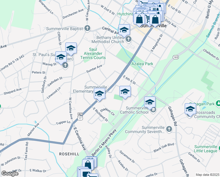 map of restaurants, bars, coffee shops, grocery stores, and more near 815 South Main Street in Summerville