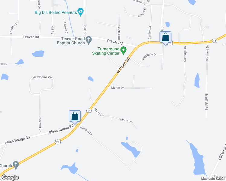 map of restaurants, bars, coffee shops, grocery stores, and more near 22 Martin Drive in LaGrange