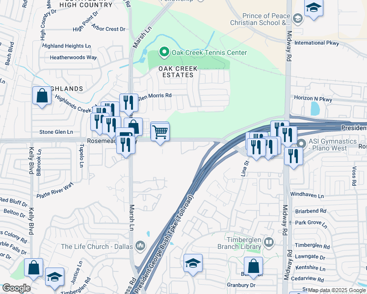 map of restaurants, bars, coffee shops, grocery stores, and more near 3750 Rosemeade Parkway in Dallas