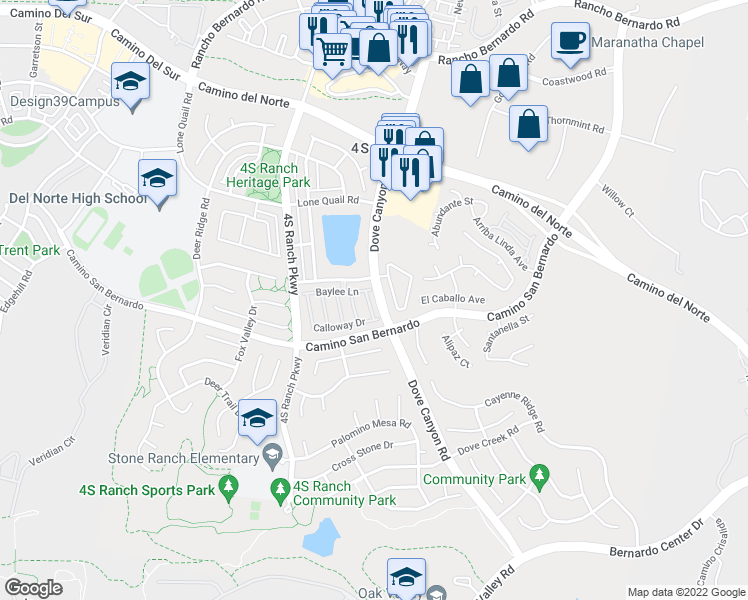 map of restaurants, bars, coffee shops, grocery stores, and more near 16440 Sunstone Drive in San Diego