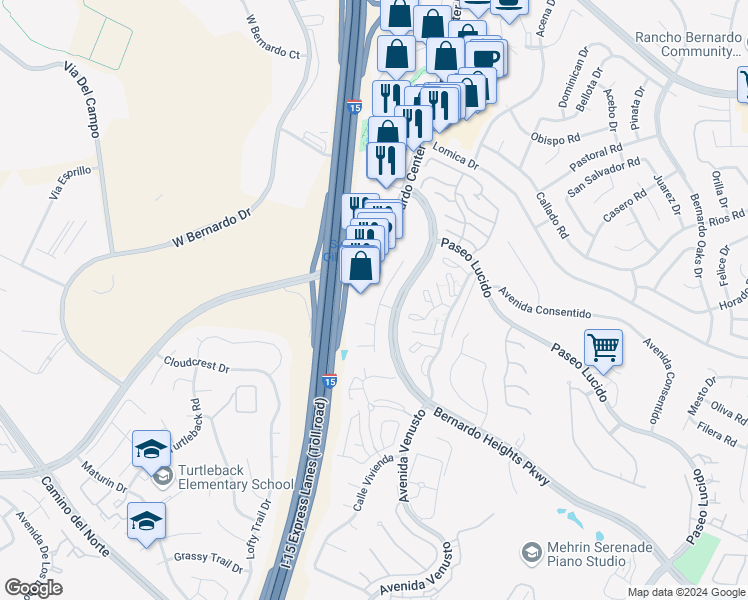 map of restaurants, bars, coffee shops, grocery stores, and more near 16304 Avenida Nobleza in San Diego