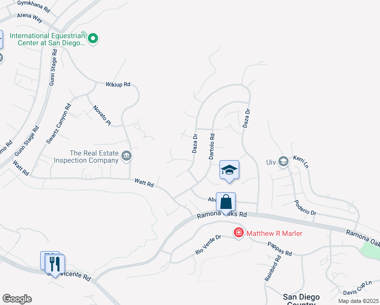 map of restaurants, bars, coffee shops, grocery stores, and more near 16314 Daza Drive in Ramona