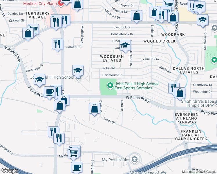 map of restaurants, bars, coffee shops, grocery stores, and more near 800 Woodburn Corners in Plano