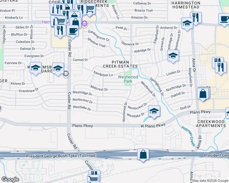 map of restaurants, bars, coffee shops, grocery stores, and more near 1732 Poinciana Lane in Plano